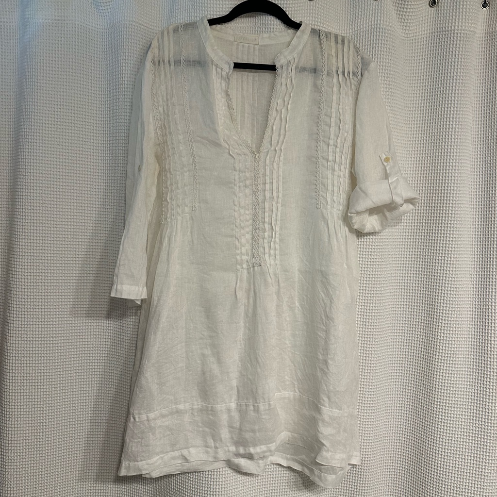 Cp Shades Regina Linen Twill Pintuck Detail Lightweight Tunic Top White Sz Med